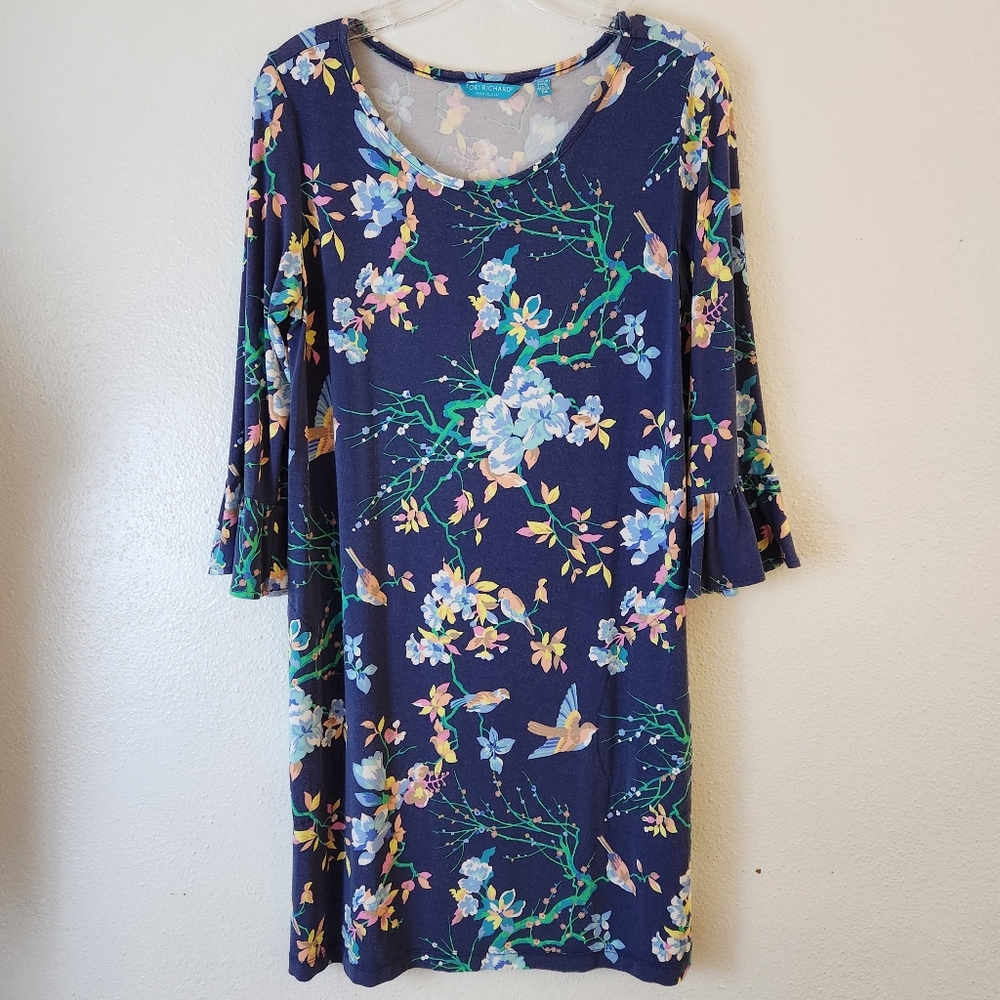 Tori Richard Ruffle 3/4 Sleeve Shift Dress Blue Foral Print Medium